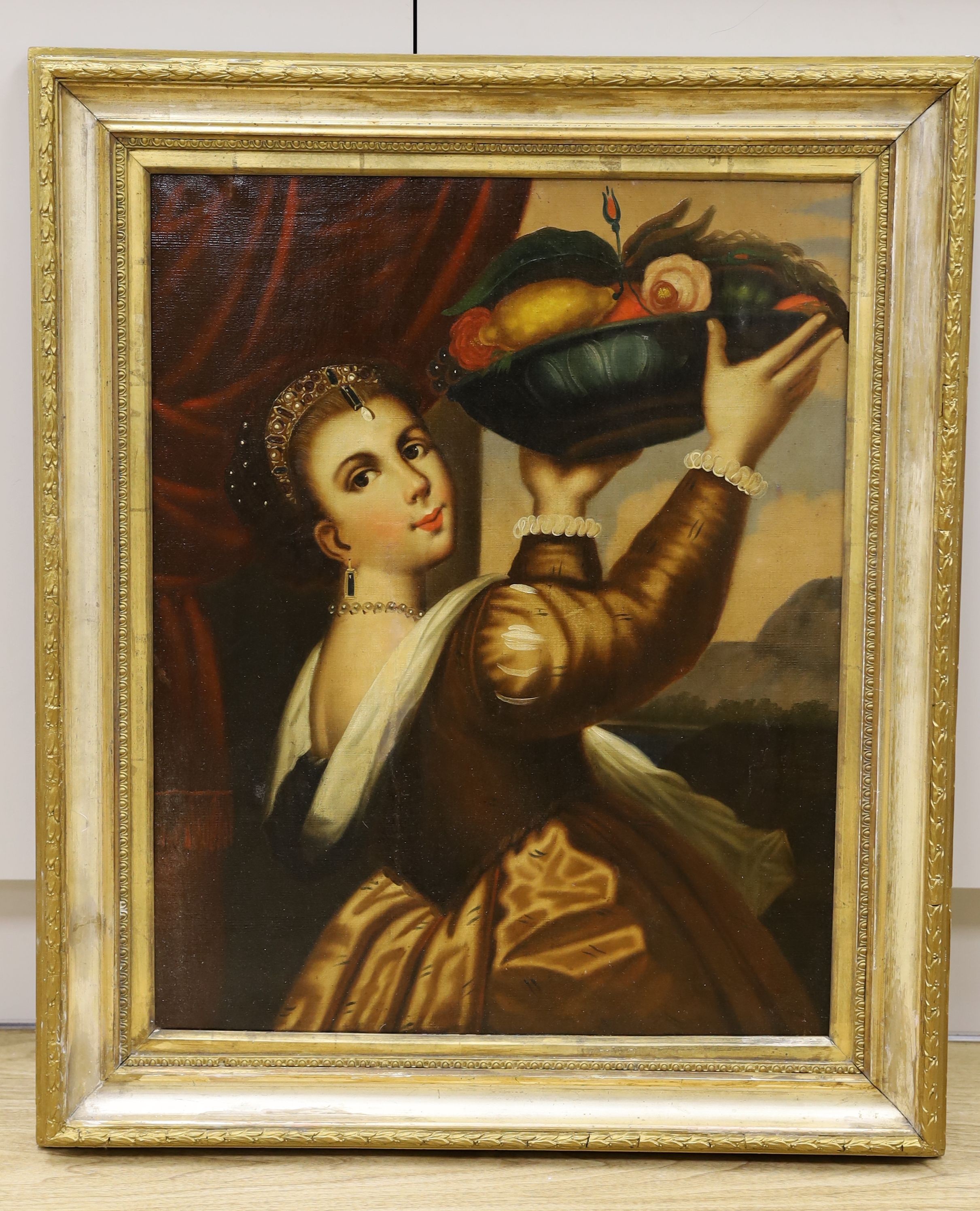 Continental School, oil on canvas, Woman holding aloft a bowl of fruit and flowers, 63 x 50cm
